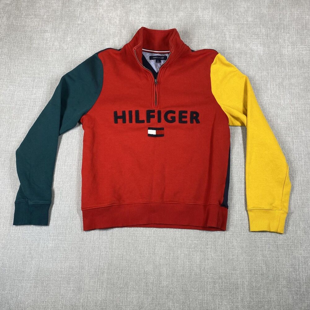 Tommy Hilfiger Sweatshirt Mens Small Colorblock Quarter Zip Fleece Pullover Logo